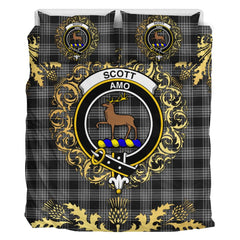 Scott Black and White Tartan Crest Bedding Set - Golden Thistle Style