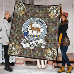 Scott Green Weathered Tartan Crest Premium Quilt - Gold Thistle Style