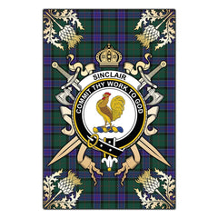 Sinclair Hunting Modern Tartan Crest Black Garden Flag - Gold Thistle Style