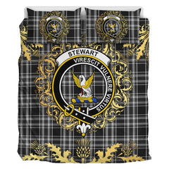 Stewart Black and White Tartan Crest Bedding Set - Golden Thistle Style