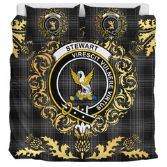 Stewart Mourning Tartan Crest Bedding Set - Golden Thistle Style