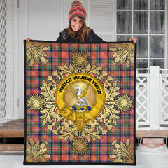 Stewart Royal Ancient Tartan Crest Premium Quilt - Gold Thistle Style