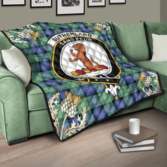Sutherland Old Ancient Tartan Crest Premium Quilt - Gold Thistle Style