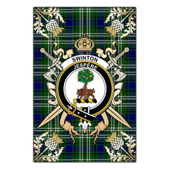 Swinton Tartan Crest Black Garden Flag - Gold Thistle Style