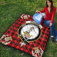 Wallace Hunting Red Tartan Crest Premium Quilt - Gold Thistle Style