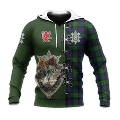 Black Watch Tartan Hoodie - Lion Rampant And Celtic Thistle Style