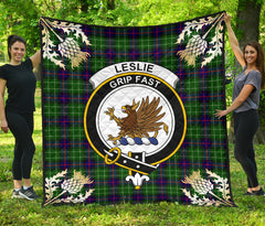 Leslie Hunting Tartan Crest Premium Quilt - Gold Thistle Style - SP