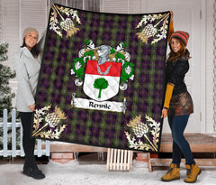 Rennie Family Coat of Arms Tartan Premium Quilt - Gold Thistle Style SP