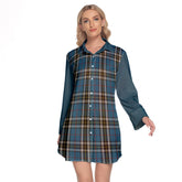 Thomson Dress Blue Tartan Women's Lapel Shirt Dress With Long Sleeve
