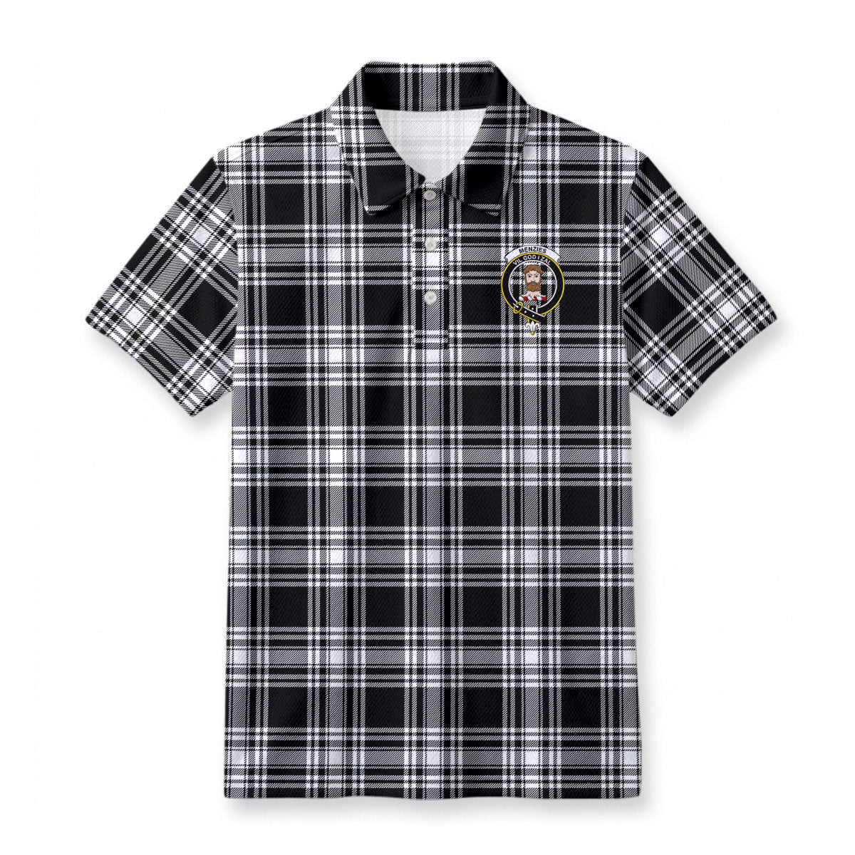 Menzies Black - White Modern Tartan Crest Birdseye Mesh Polo Shirt