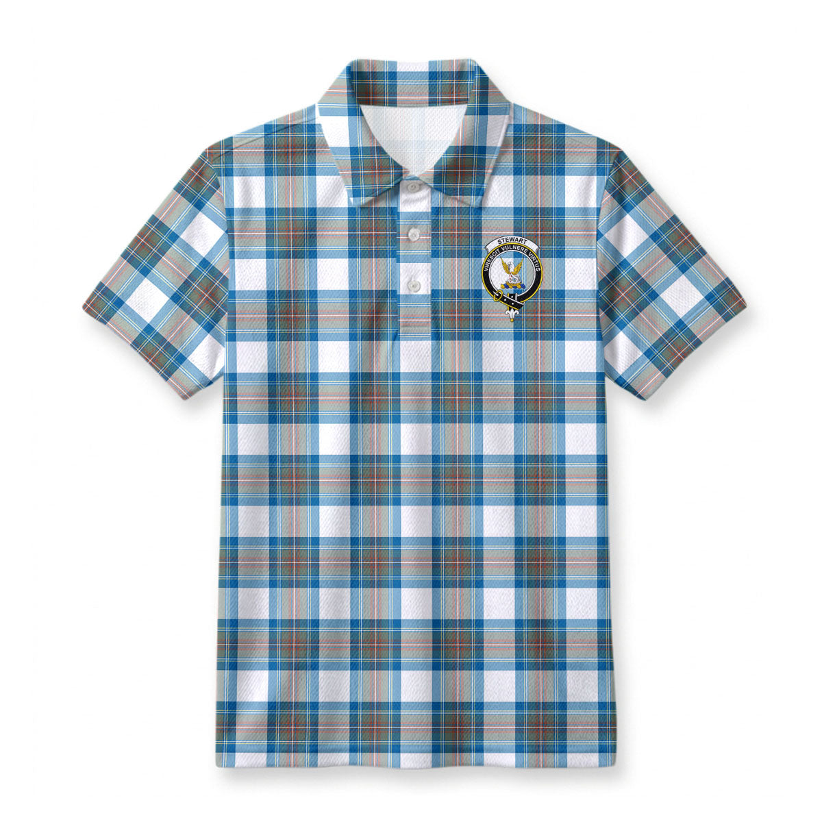 Stewart Muted Blue Tartan Crest Birdseye Mesh Polo Shirt
