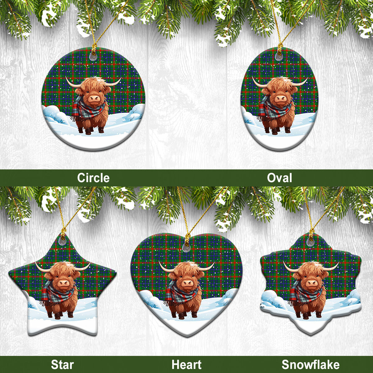 Aiton Tartan Christmas Ceramic Ornament - Highland Cows Snow Style