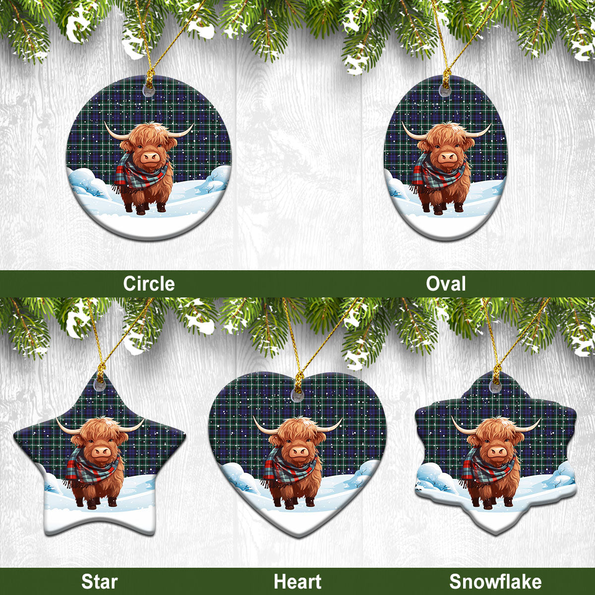 Allardice Tartan Christmas Ceramic Ornament - Highland Cows Snow Style