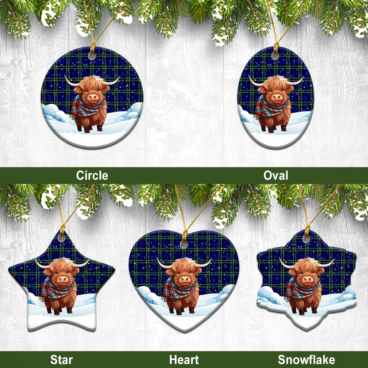 Arbuthnot Modern Tartan Christmas Ceramic Ornament - Highland Cows Snow Style