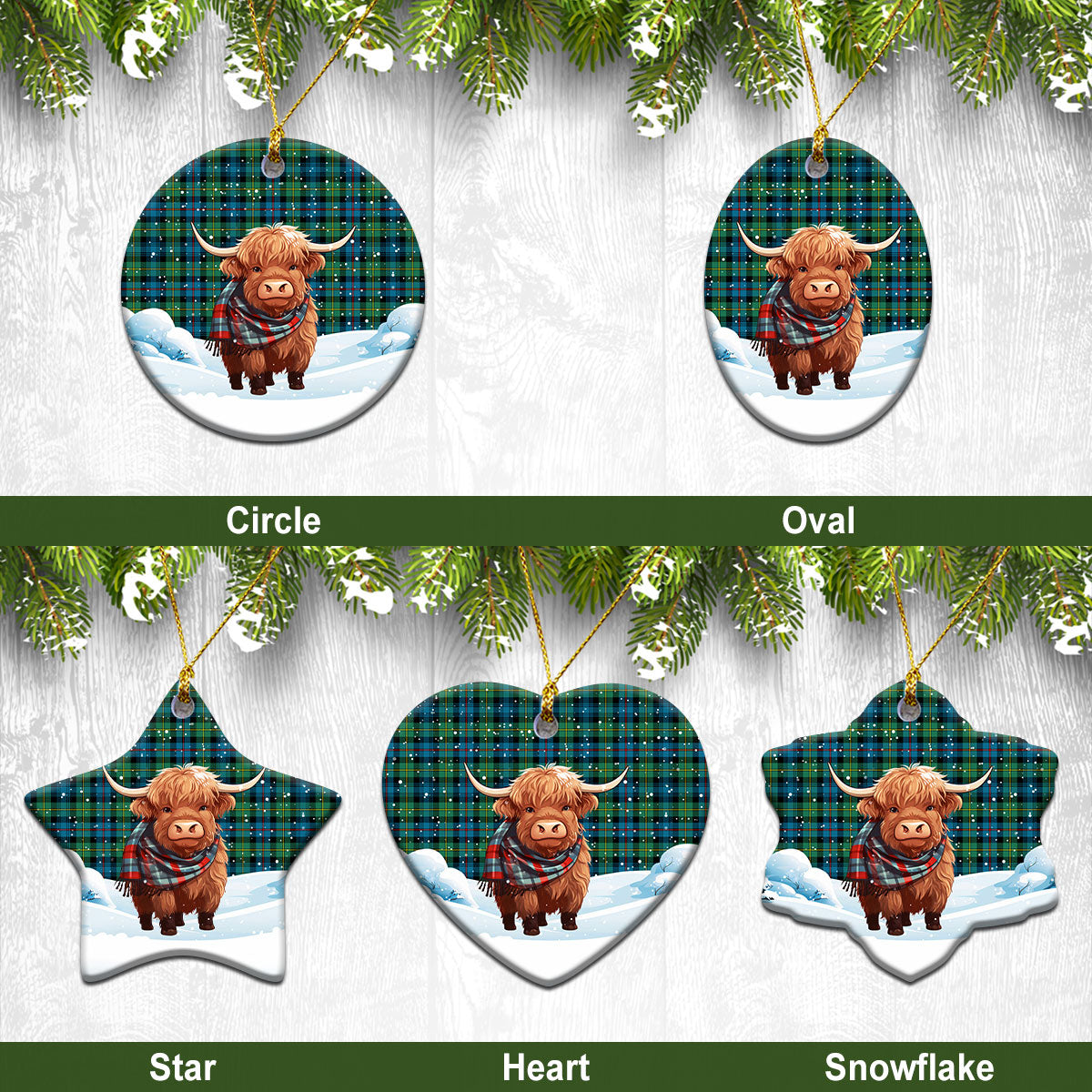 Baillie Ancient Tartan Christmas Ceramic Ornament - Highland Cows Snow Style