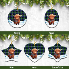 Baillie Modern Tartan Christmas Ceramic Ornament - Highland Cows Snow Style