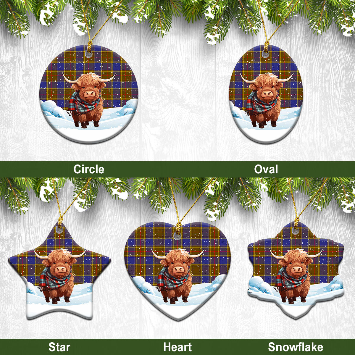 Balfour Modern Tartan Christmas Ceramic Ornament - Highland Cows Snow Style