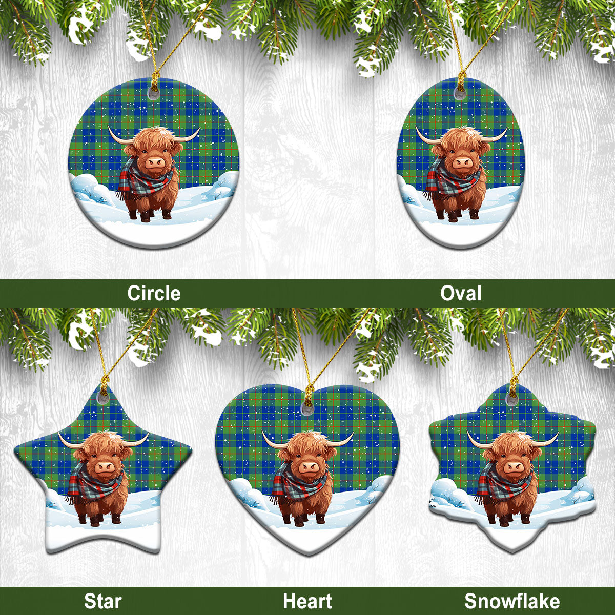 Barclay Hunting Ancient Tartan Christmas Ceramic Ornament - Highland Cows Snow Style