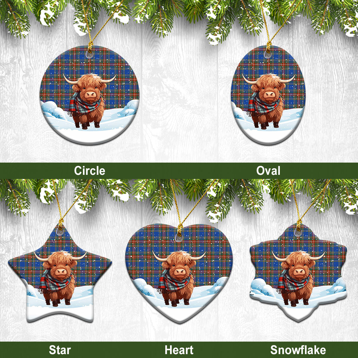 Beaton Ancient Tartan Christmas Ceramic Ornament - Highland Cows Snow Style