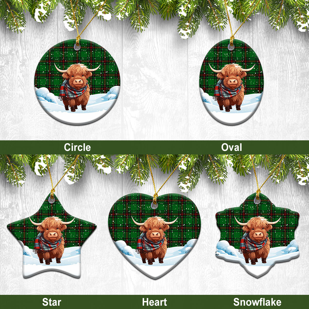 Beveridge Tartan Christmas Ceramic Ornament - Highland Cows Snow Style