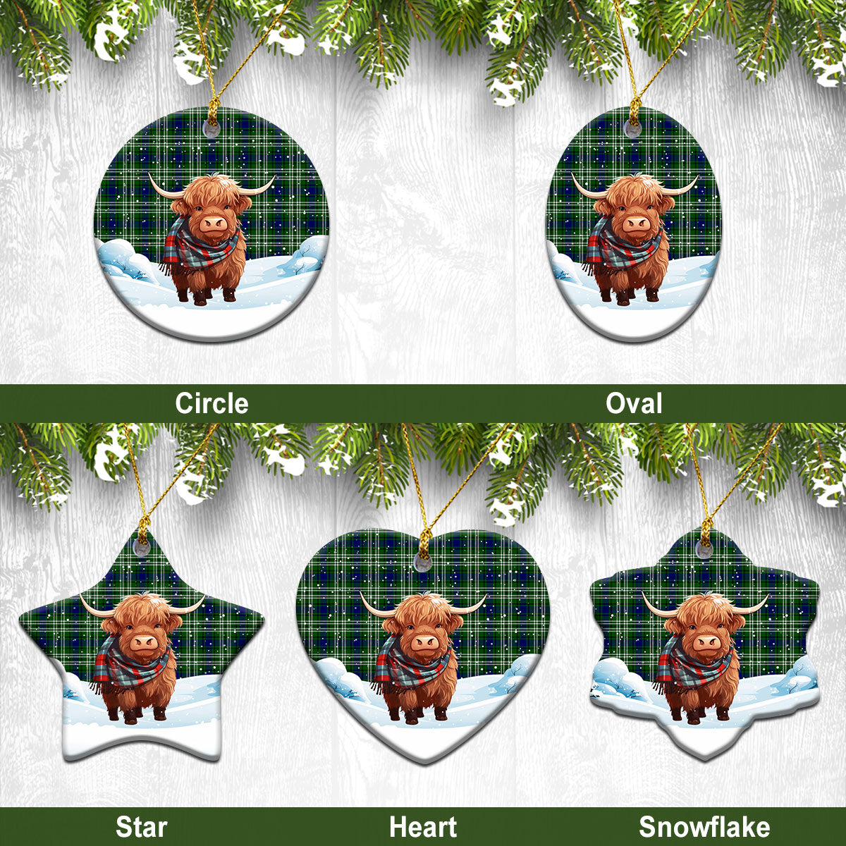 Blackadder Tartan Christmas Ceramic Ornament - Highland Cows Snow Style