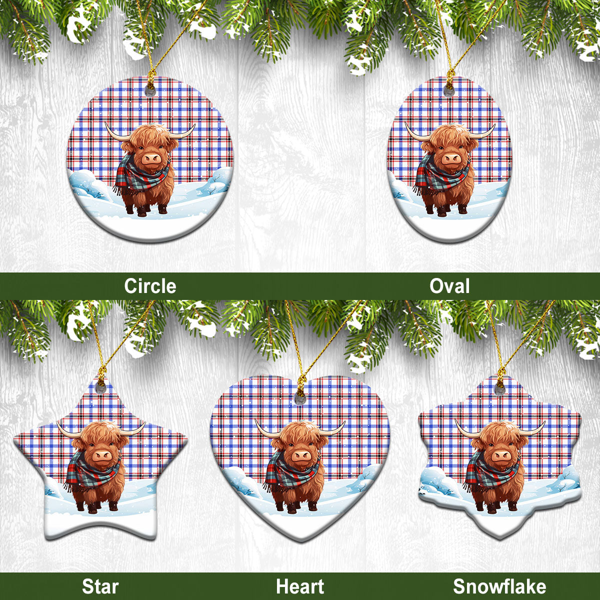 Boswell Modern Tartan Christmas Ceramic Ornament - Highland Cows Snow Style