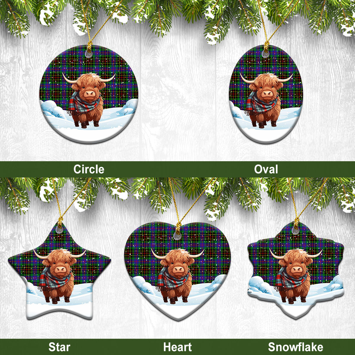 Brodie Hunting Modern Tartan Christmas Ceramic Ornament - Highland Cows Snow Style