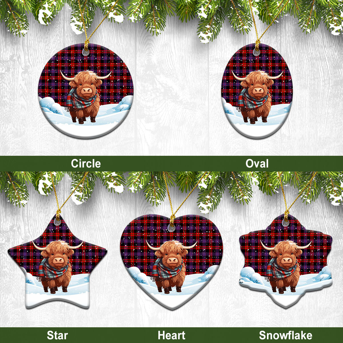 Broun Modern Tartan Christmas Ceramic Ornament - Highland Cows Snow Style