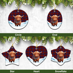 Brown Modern Tartan Christmas Ceramic Ornament - Highland Cows Snow Style