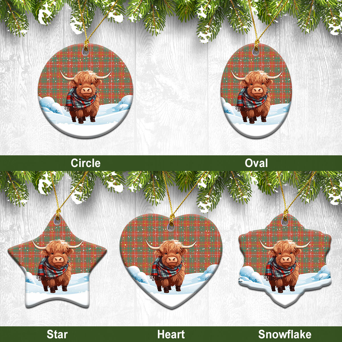 Bruce Ancient Tartan Christmas Ceramic Ornament - Highland Cows Snow Style