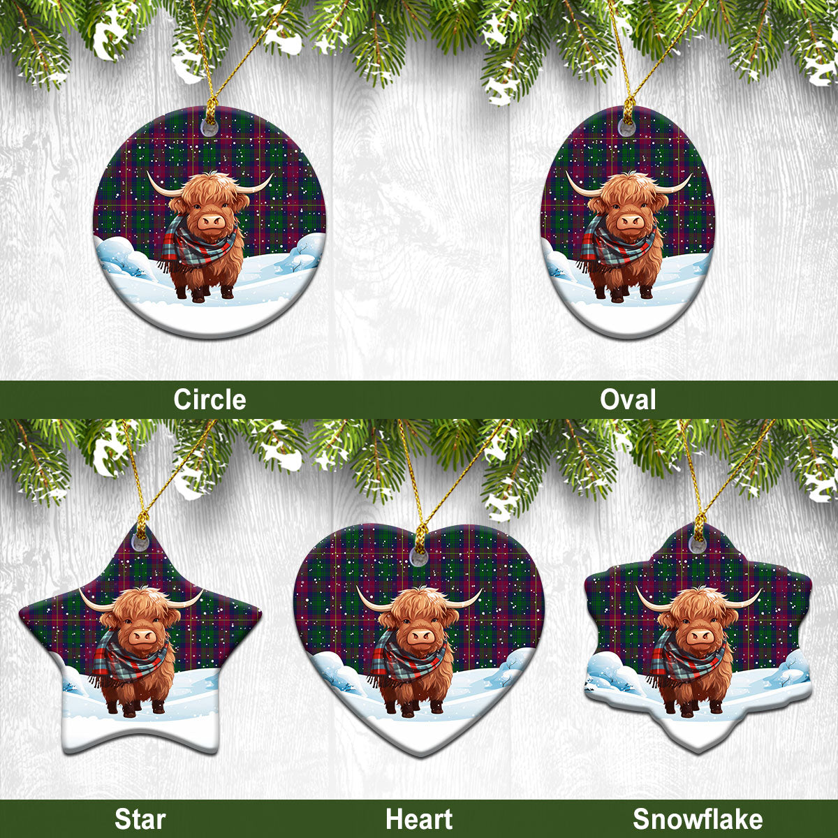 Cairns Tartan Christmas Ceramic Ornament - Highland Cows Snow Style