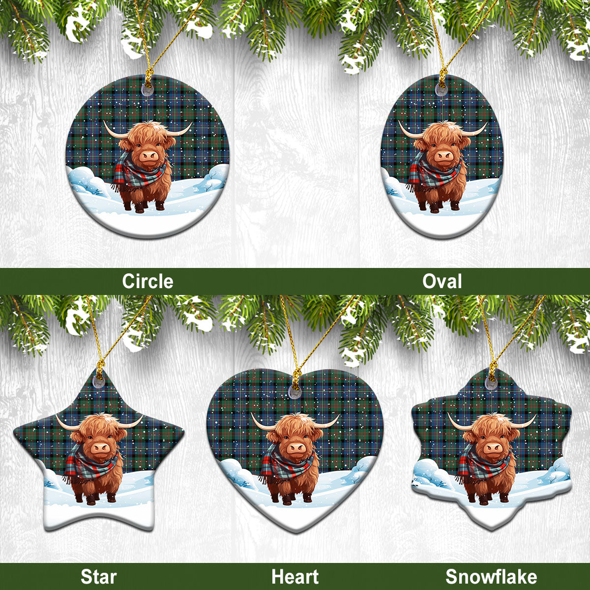 Cameron of Erracht Ancient Tartan Christmas Ceramic Ornament - Highland Cows Snow Style