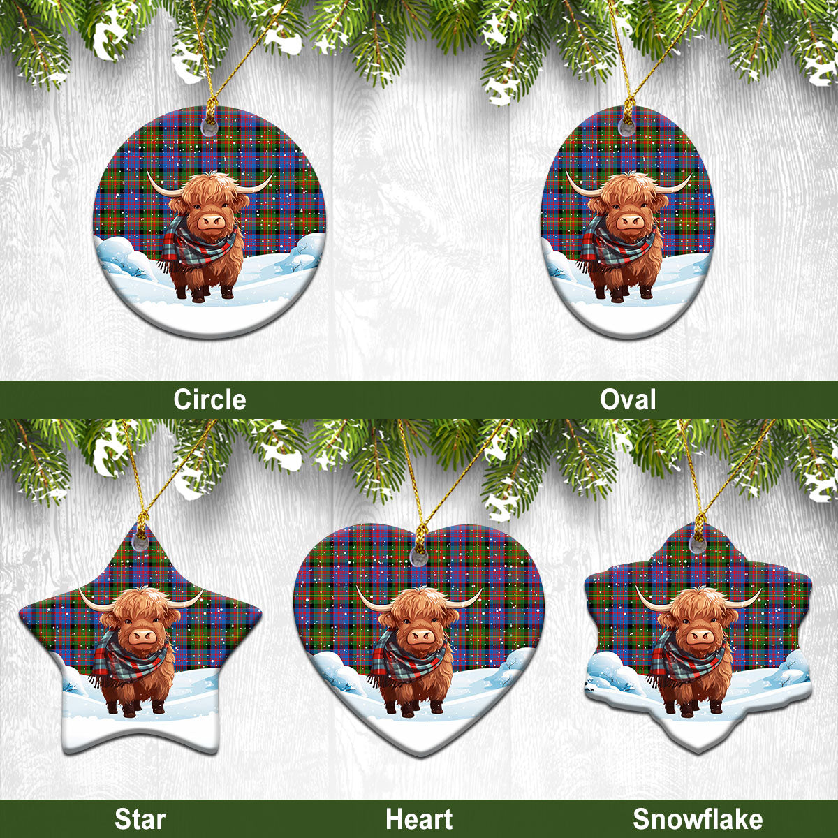 Carnegie Ancient Tartan Christmas Ceramic Ornament - Highland Cows Snow Style