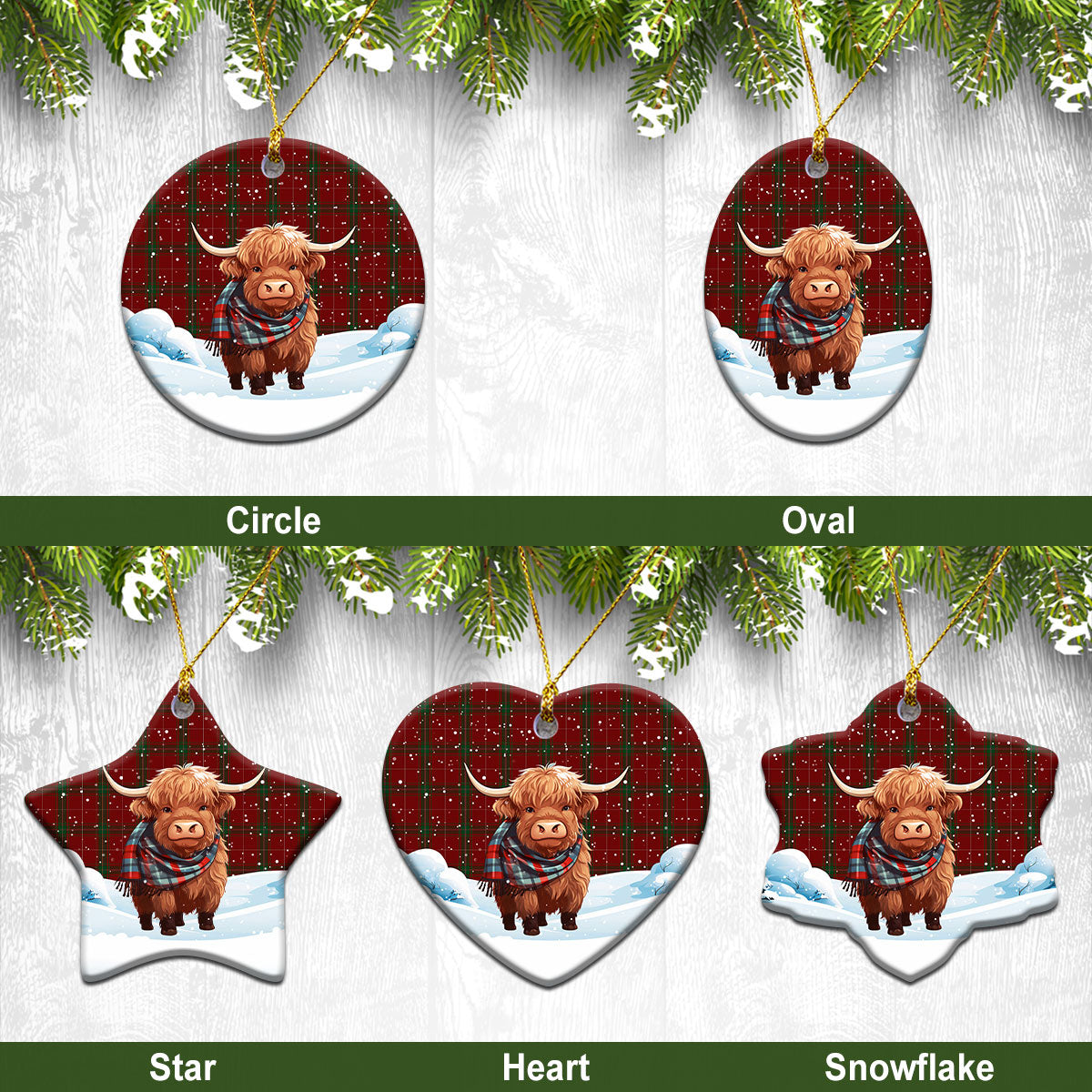 Carruthers Tartan Christmas Ceramic Ornament - Highland Cows Snow Style