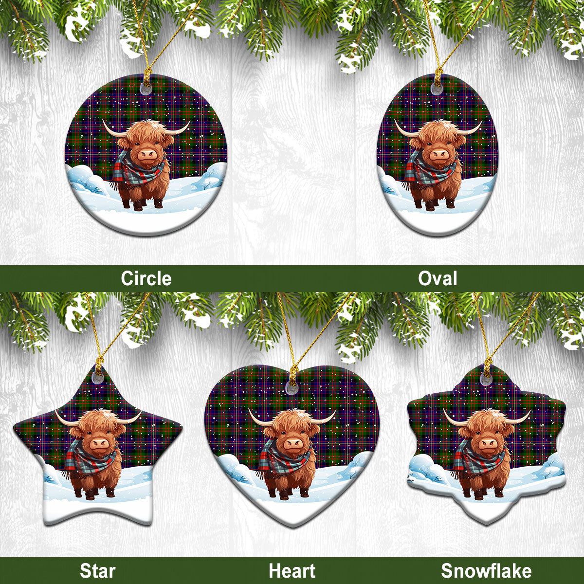 Chalmers Tartan Christmas Ceramic Ornament - Highland Cows Snow Style