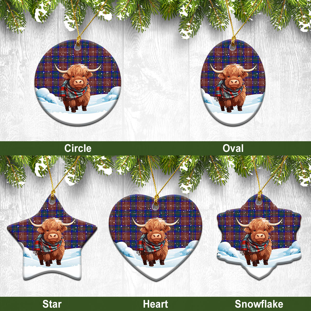 Chisholm Hunting Modern Tartan Christmas Ceramic Ornament - Highland Cows Snow Style