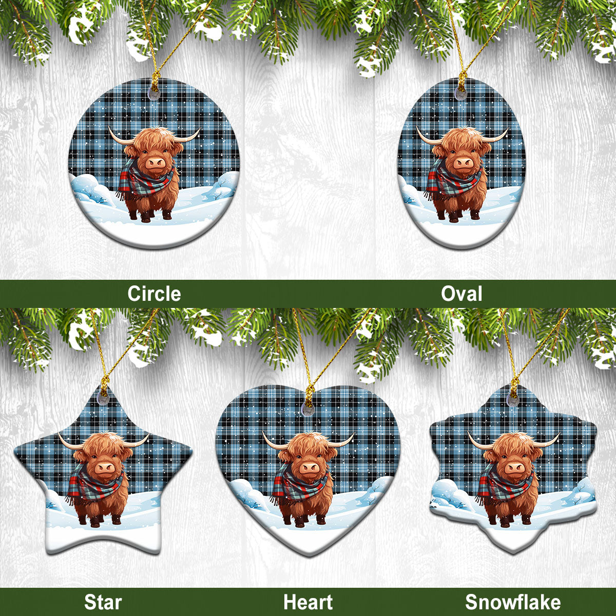 Clark Ancient Tartan Christmas Ceramic Ornament - Highland Cows Snow Style