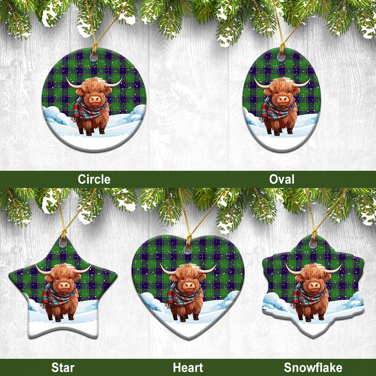 Colville Tartan Christmas Ceramic Ornament - Highland Cows Snow Style