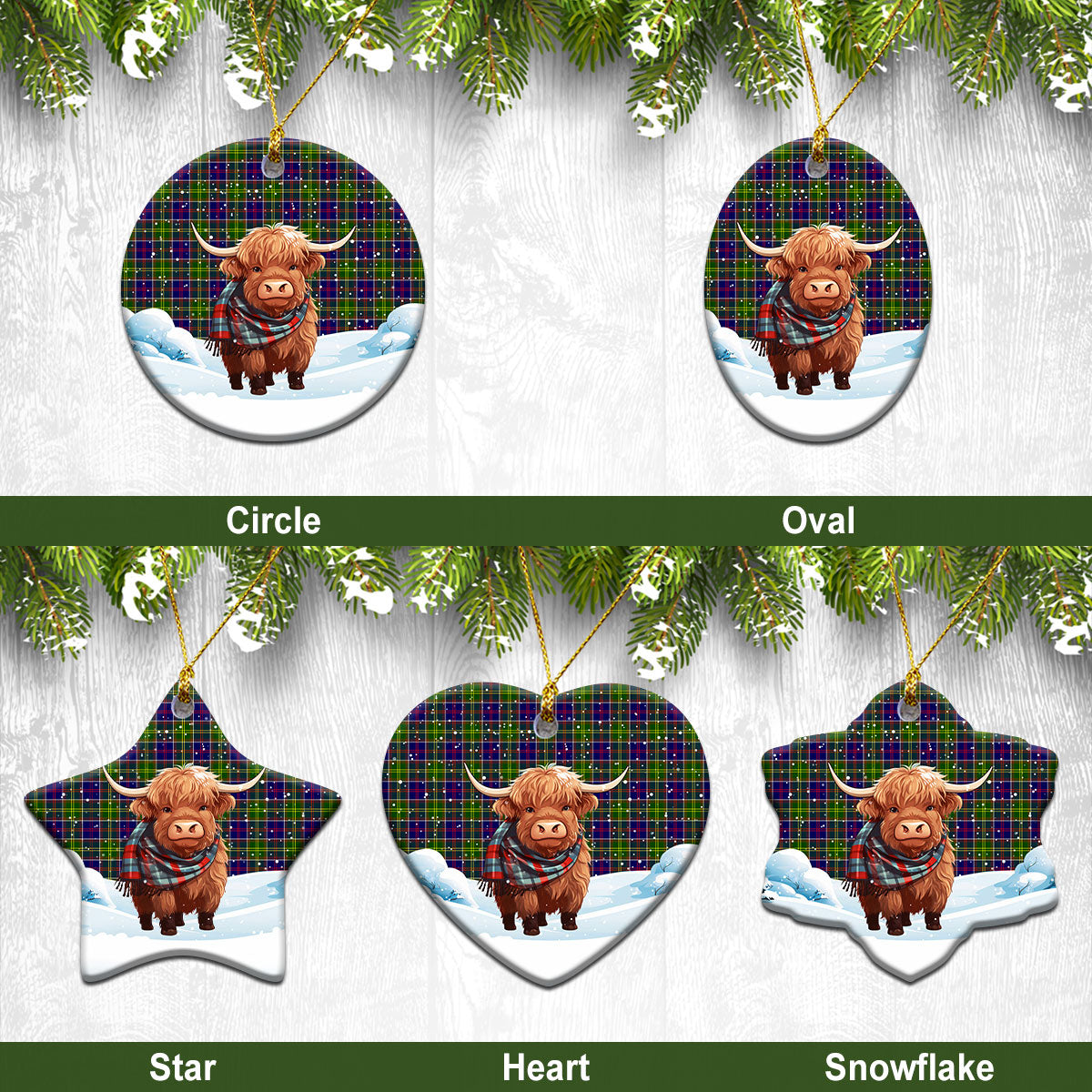 Dalrymple Tartan Christmas Ceramic Ornament - Highland Cows Snow Style