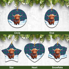 Douglas Modern Tartan Christmas Ceramic Ornament - Highland Cows Snow Style