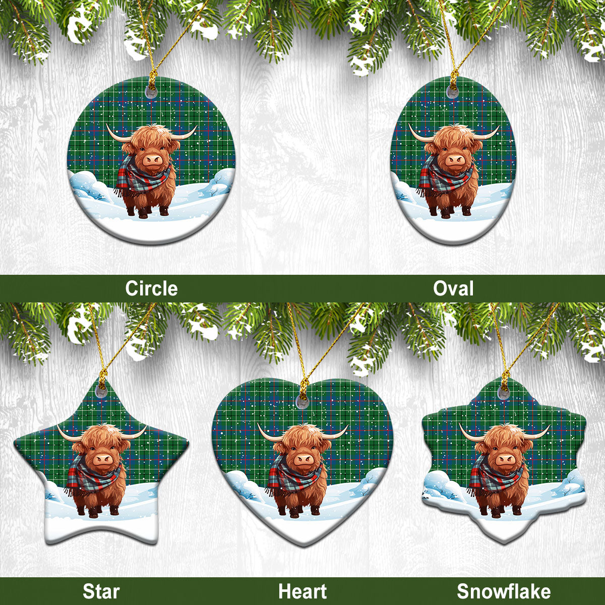 Duncanson Tartan Christmas Ceramic Ornament - Highland Cows Snow Style