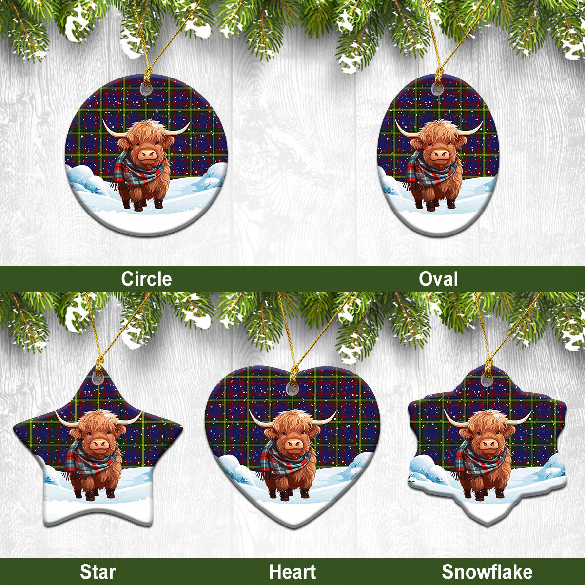 Durie Tartan Christmas Ceramic Ornament - Highland Cows Snow Style