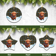 Farquharson Weathered Tartan Christmas Ceramic Ornament - Highland Cows Snow Style