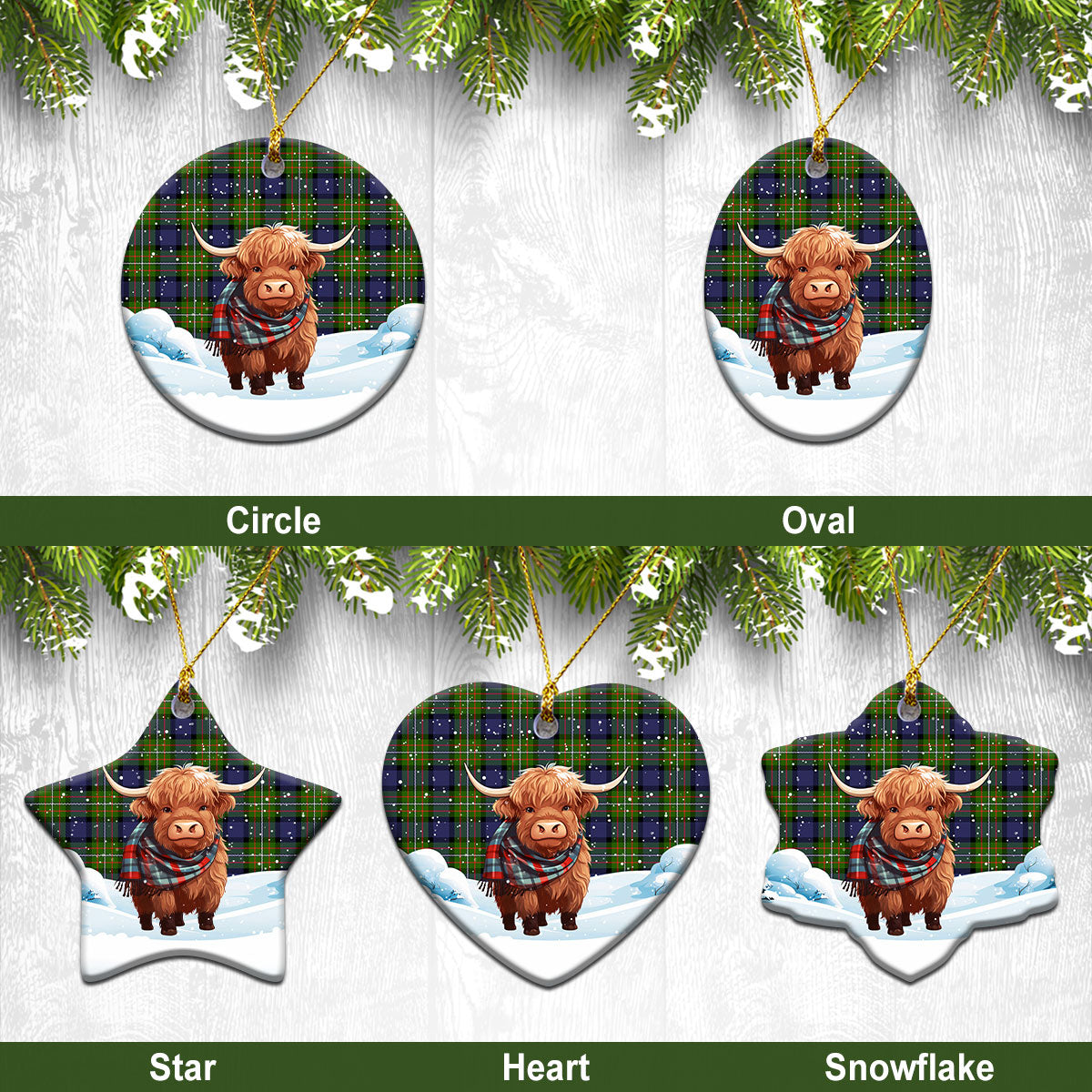 Ferguson Tartan Christmas Ceramic Ornament - Highland Cows Snow Style