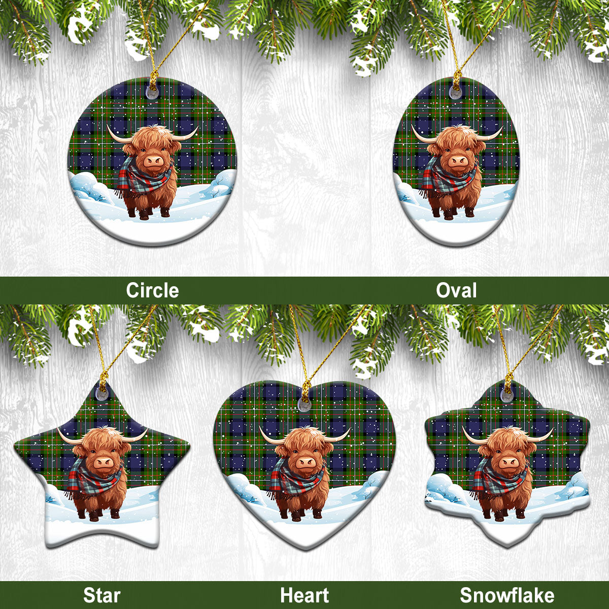 Fergusson Modern Tartan Christmas Ceramic Ornament - Highland Cows Snow Style