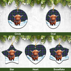 Fletcher Modern Tartan Christmas Ceramic Ornament - Highland Cows Snow Style