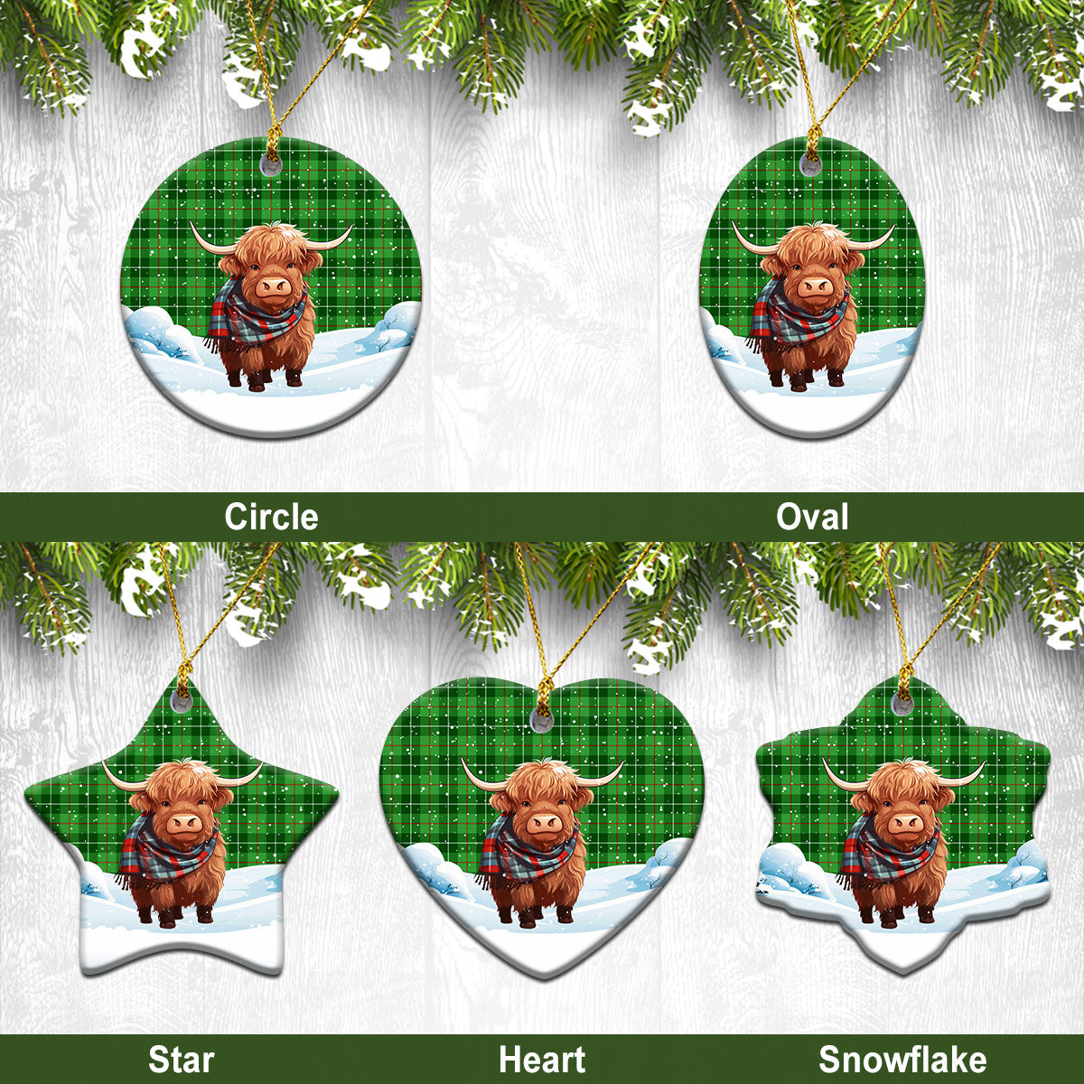 Galloway District Tartan Christmas Ceramic Ornament - Highland Cows Snow Style