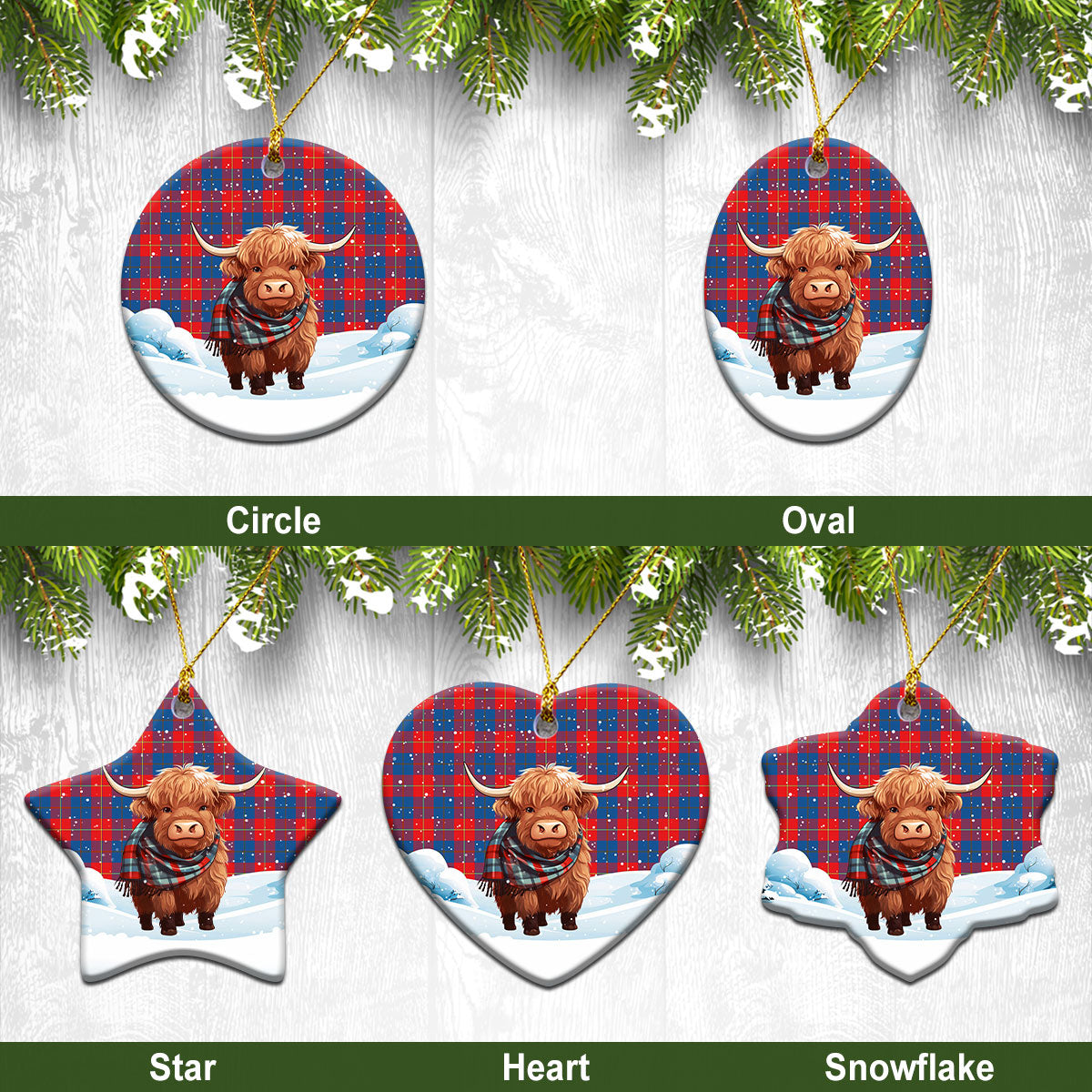 Galloway Red Tartan Christmas Ceramic Ornament - Highland Cows Snow Style