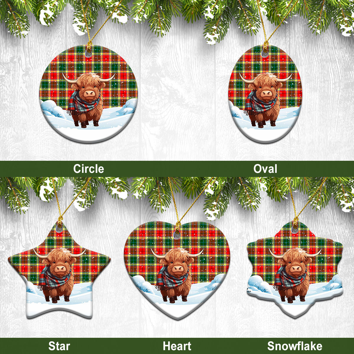 Gibson Tartan Christmas Ceramic Ornament - Highland Cows Snow Style