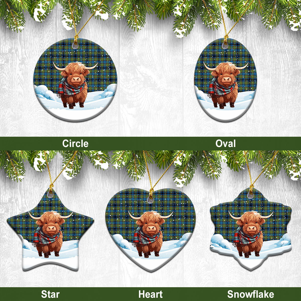 Gillies Ancient Tartan Christmas Ceramic Ornament - Highland Cows Snow Style